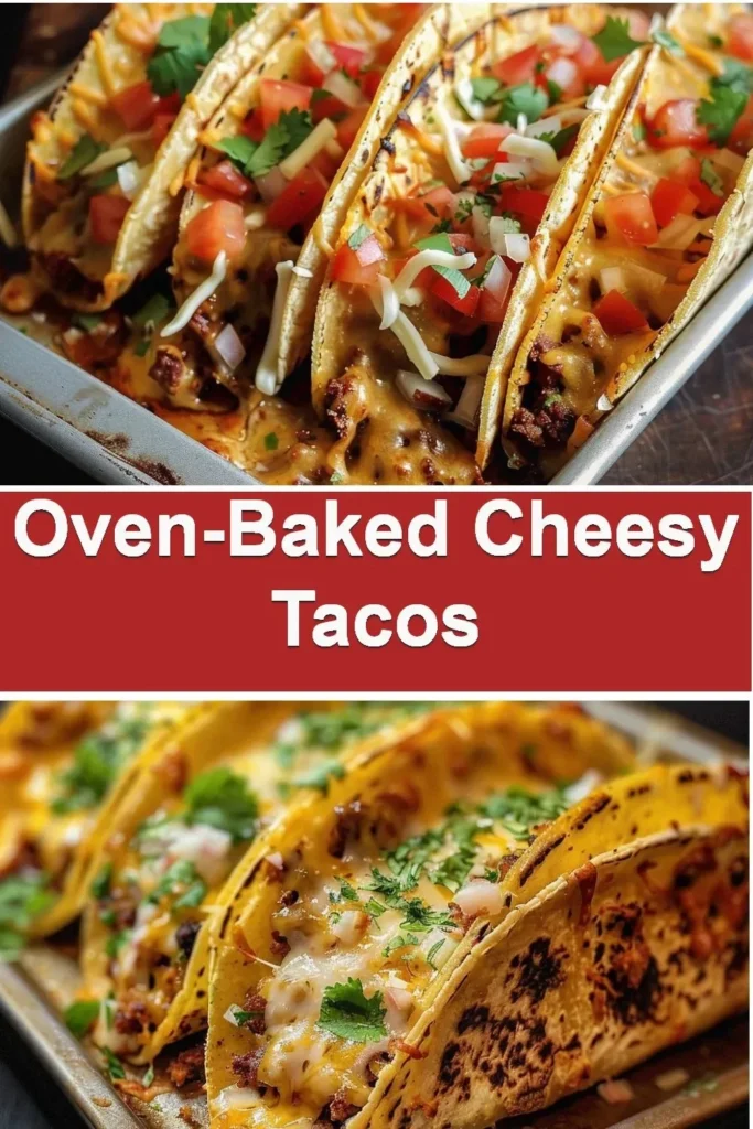 Oven-baked cheesy tacos topped with melted cheese and fresh ingredients