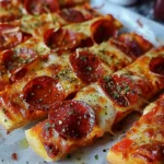 Pepperoni pizza breadsticks with cheese and spices, perfect for dipping.