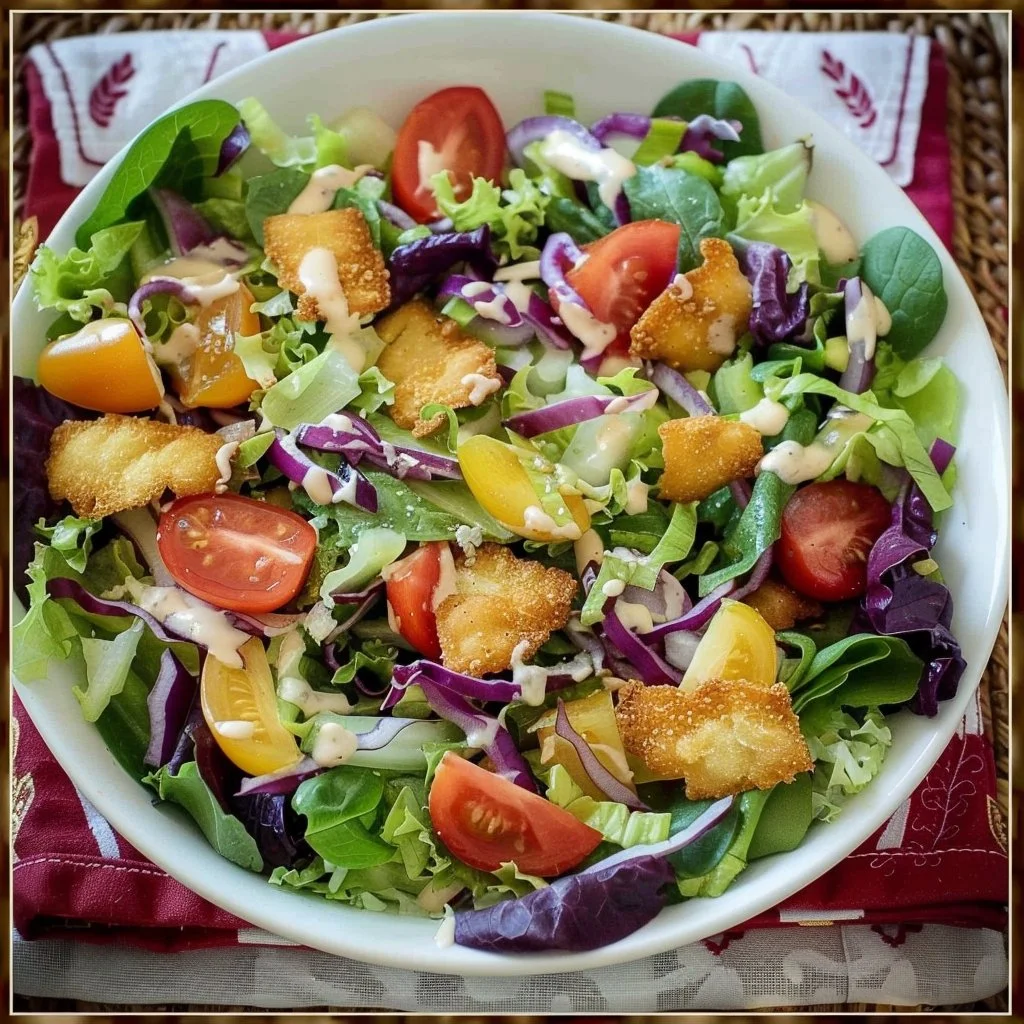 Colorful assortment of fresh salads with various ingredients and dressings.