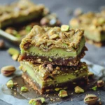 Deliciously baked Pistachio Dream Cookie Bars topped with nuts and creamy frosting.