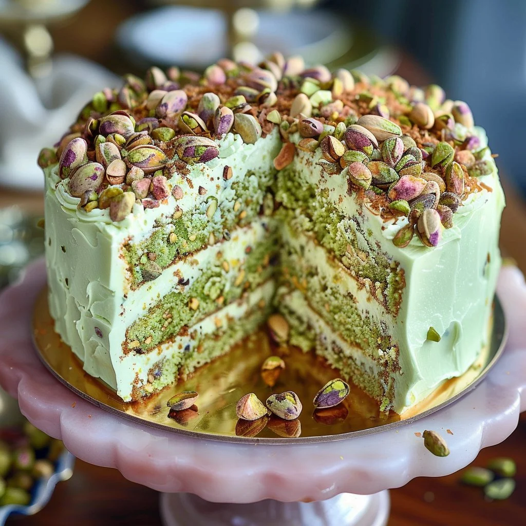 Pistachio Mascarpone Layer Cake with creamy frosting and pistachio topping