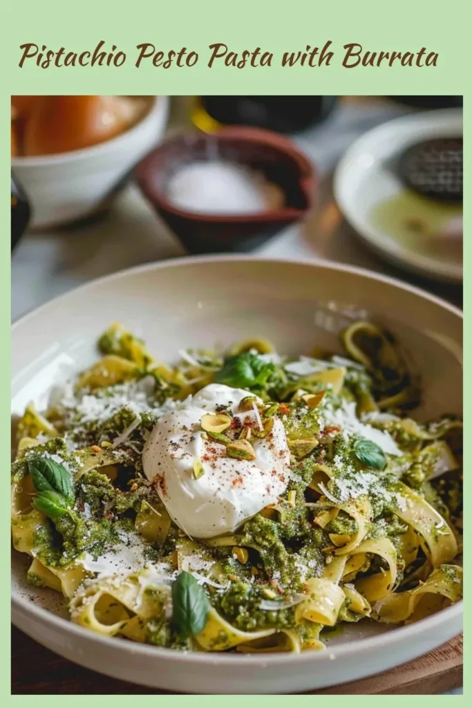 Plate of Pistachio Pesto Pasta topped with creamy Burrata cheese