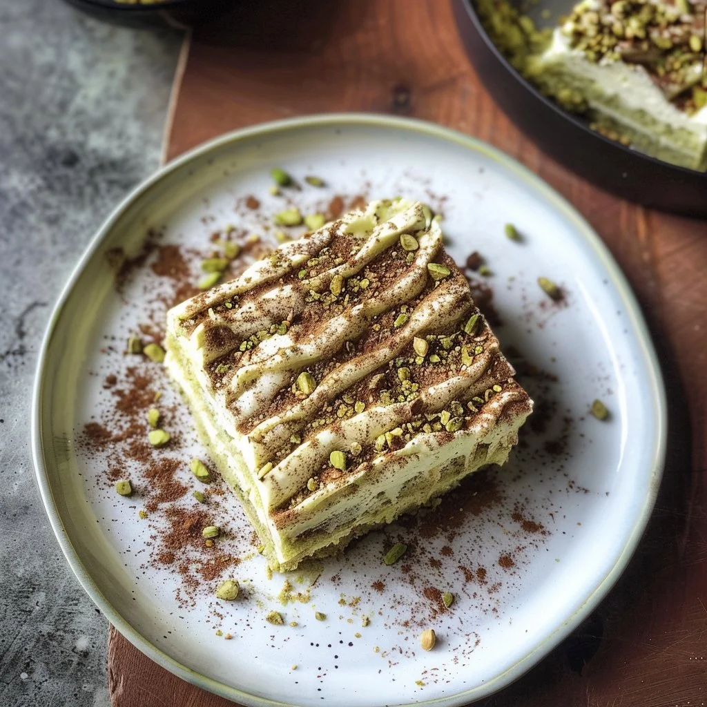 Delicious Pistachio Tiramisu dessert served in a glass with nuts on top.