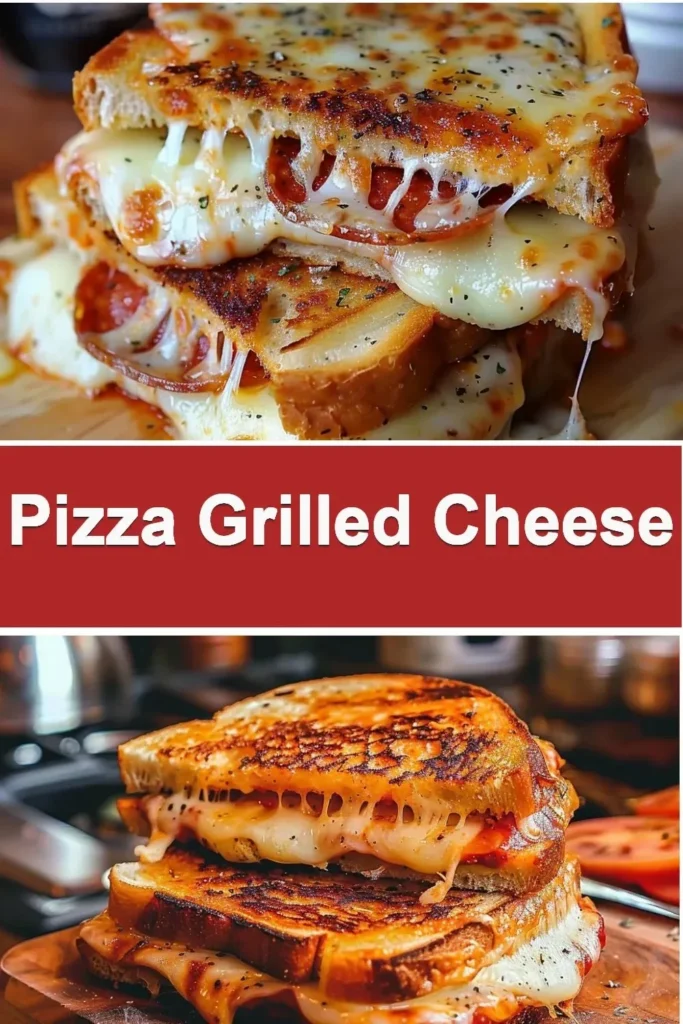 Mouthwatering pizza grilled cheese sandwich with melted cheese and tomato sauce.