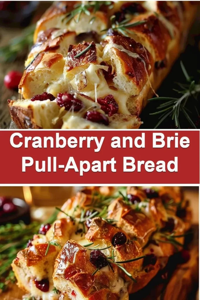Pull-apart bread with cranberry and brie on a wooden platter