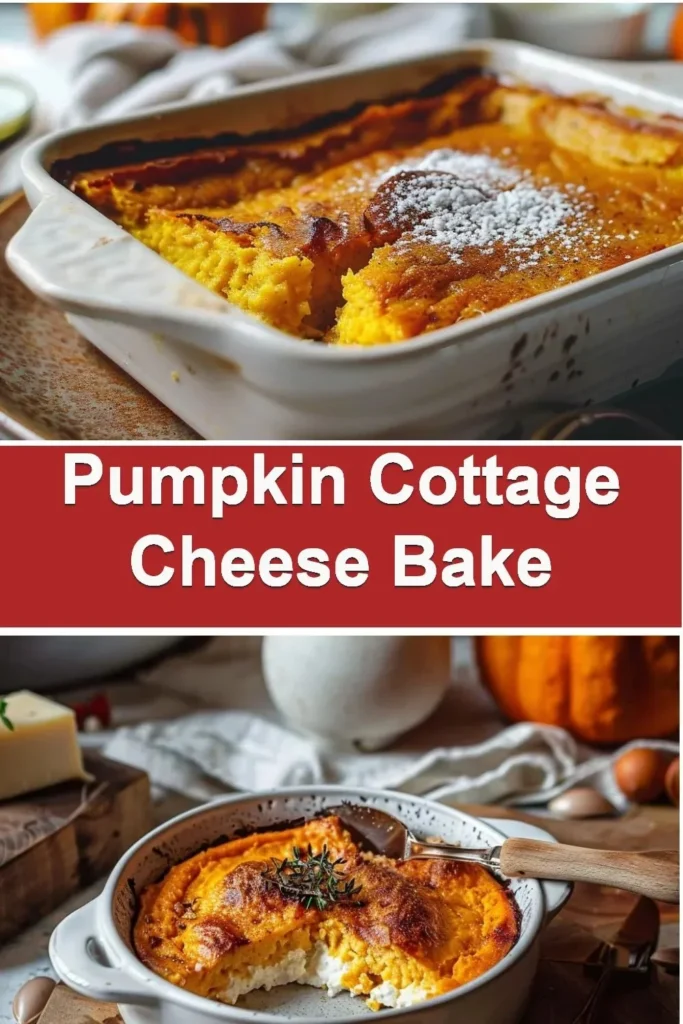 Slice of Pumpkin Cottage Cheese Bake served on a plate with autumn decorations