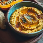 Delicious creamy pumpkin hummus served in a bowl with spices and garnishes