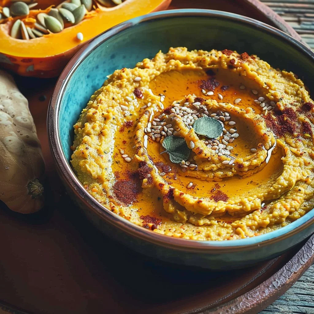 Delicious creamy pumpkin hummus served in a bowl with spices and garnishes