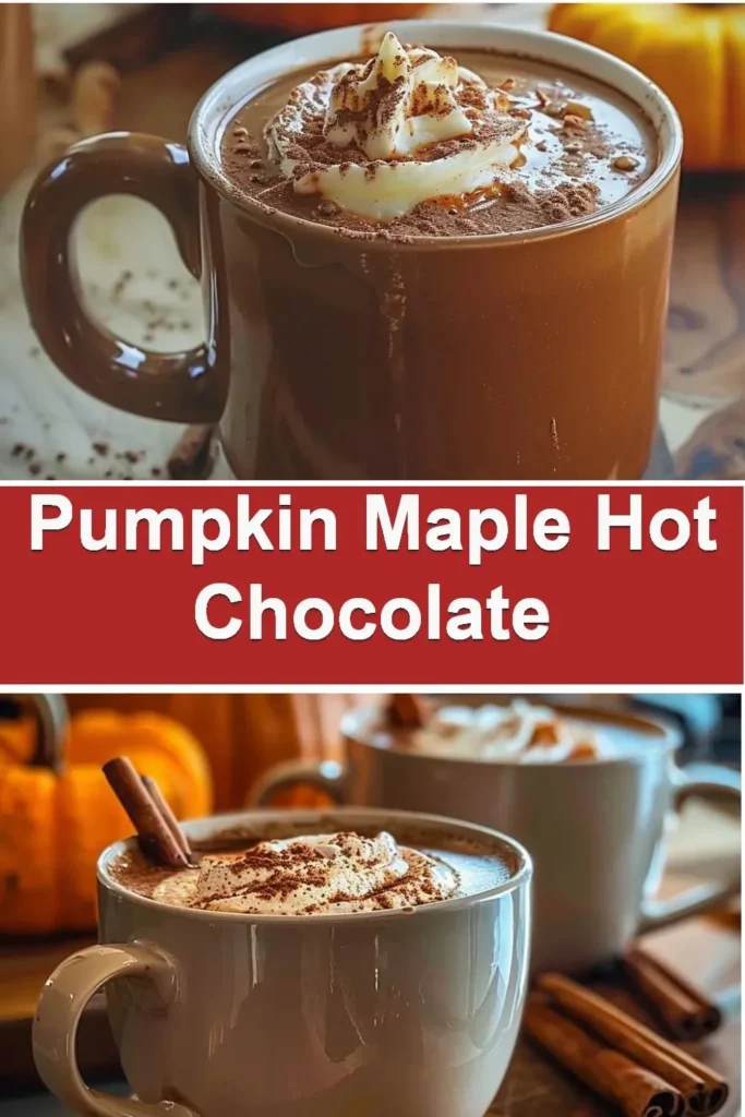 A delicious mug of pumpkin maple hot chocolate topped with whipped cream and spices.