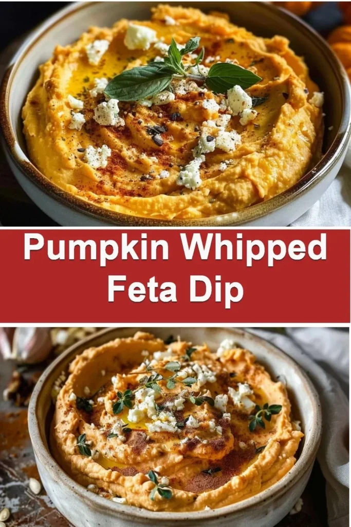 Creamy Pumpkin Feta Dip served in a bowl, garnished with herbs.