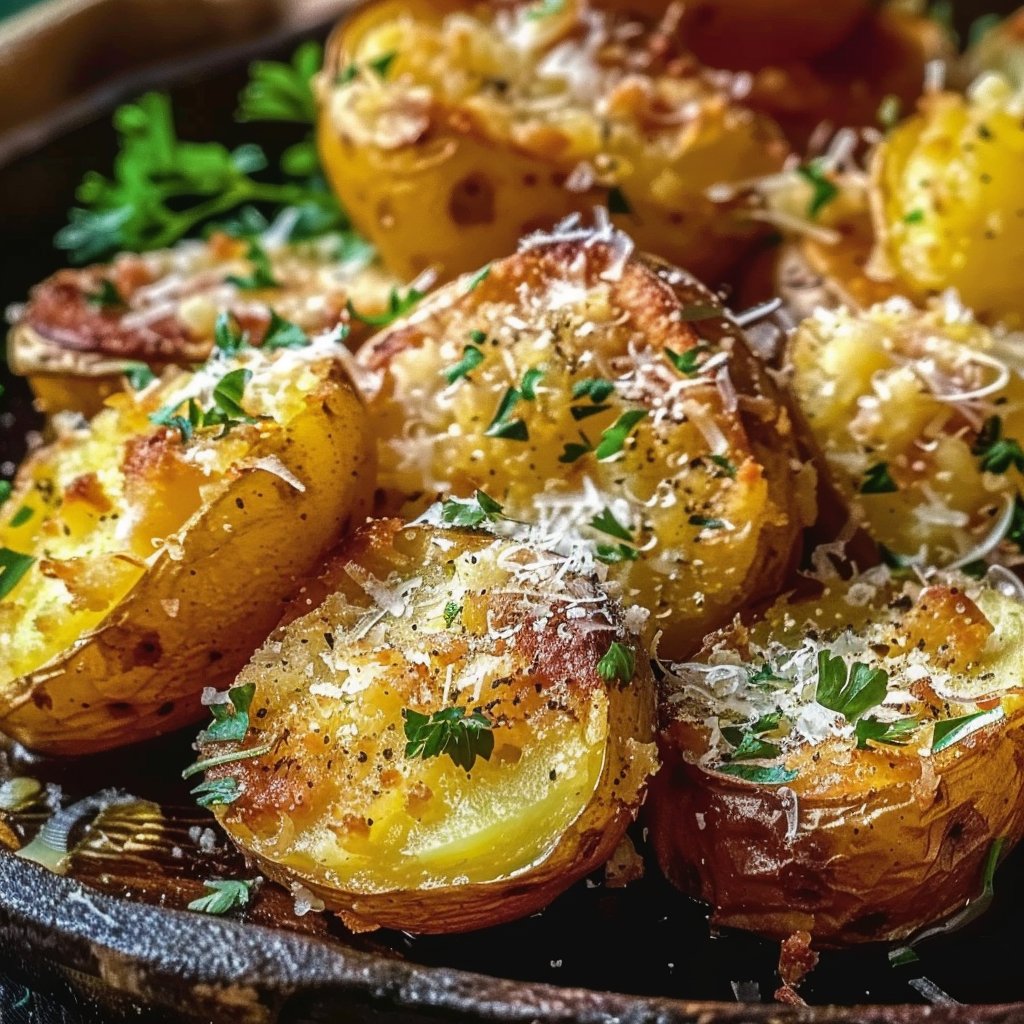 Crispy Baked Smashed Potatoes with Garlic & Parmesan