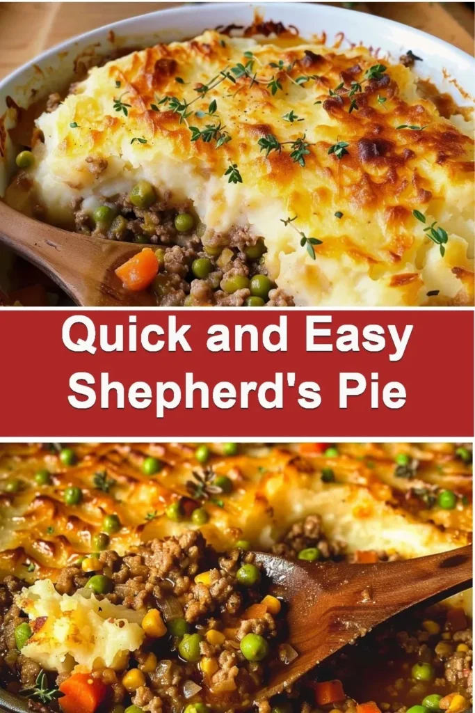 A delicious serving of quick and easy Shepherd's Pie topped with creamy mashed potatoes.