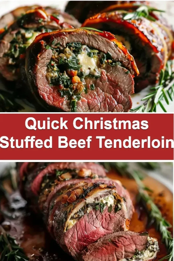 Quick Christmas stuffed beef tenderloin ready for a festive dinner