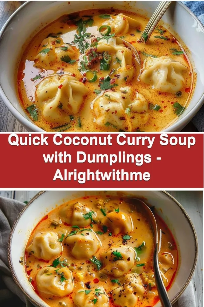 A bowl of quick coconut curry soup with dumplings garnished with fresh herbs.