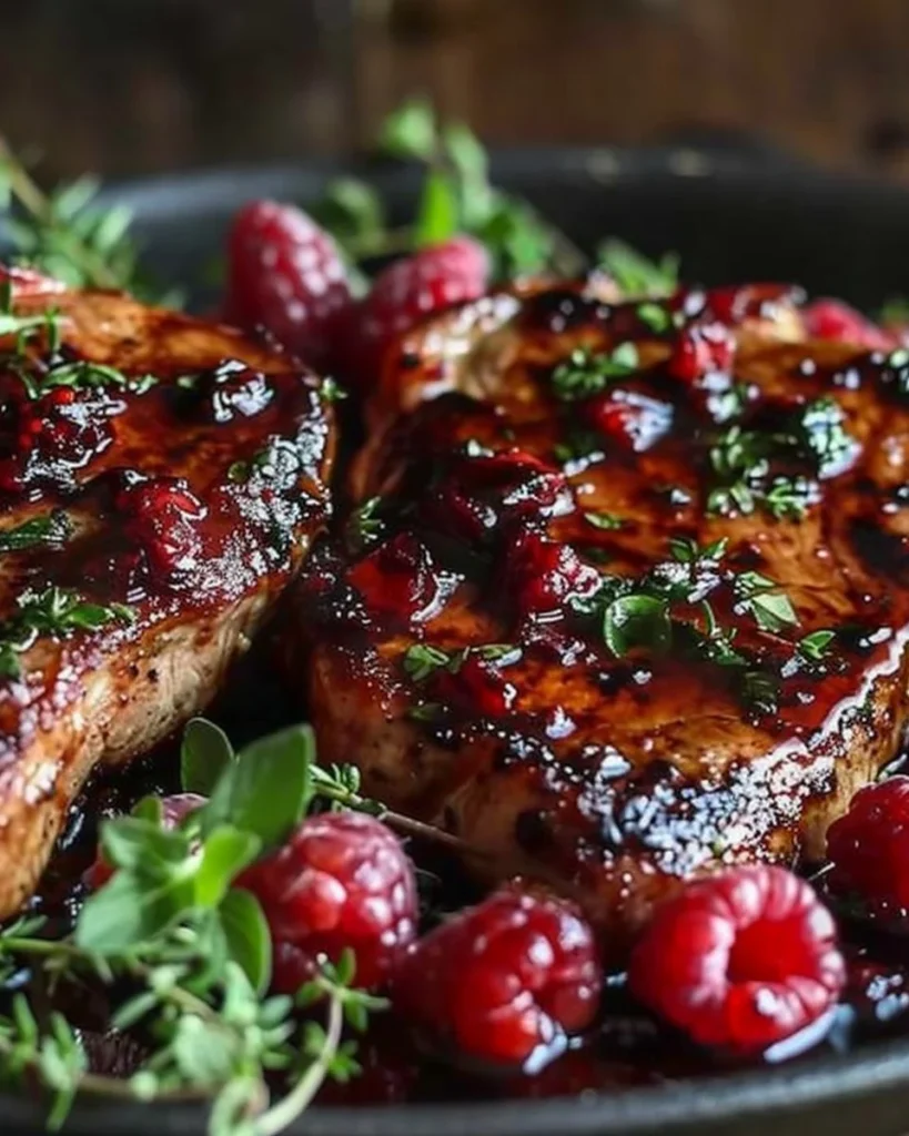 Raspberry balsamic glazed pork chops served on a plate