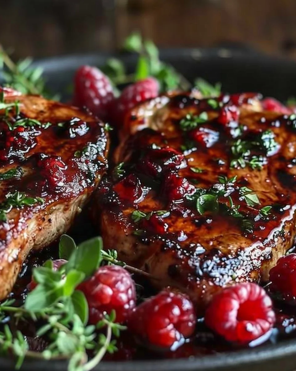 Raspberry balsamic glazed pork chops served on a plate