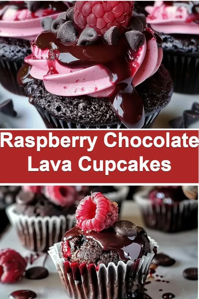Raspberry Chocolate Lava Cupcakes with a rich chocolate center and fresh raspberries