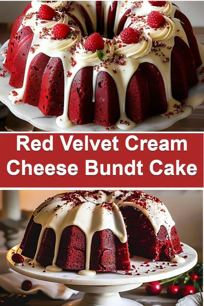 Delicious Red Velvet Cream Cheese Bundt Cake on a wooden table