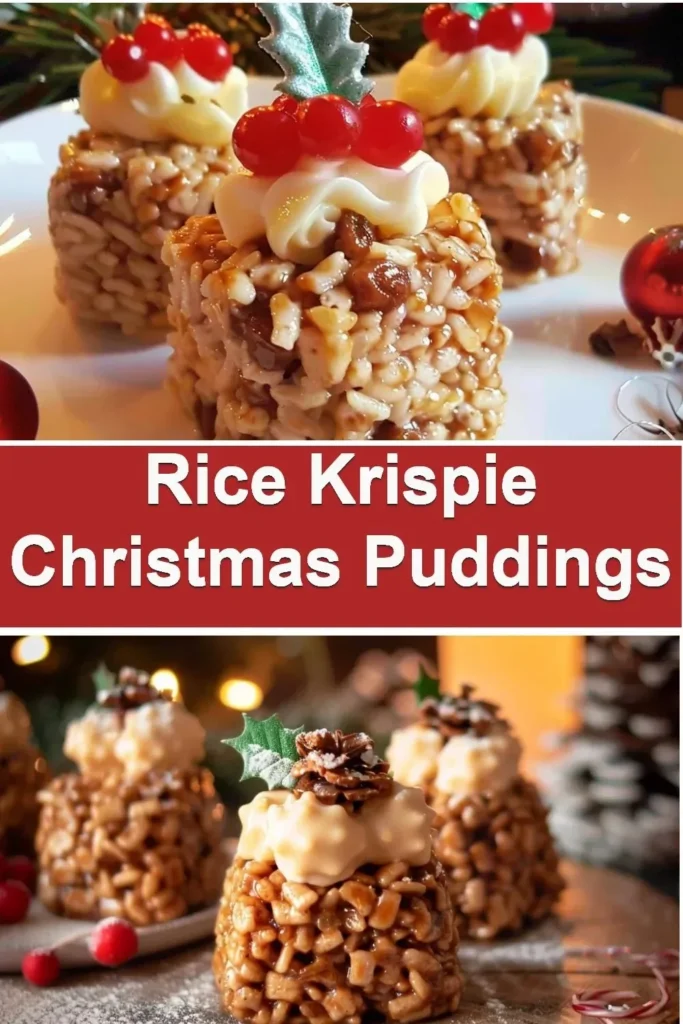 Festive Rice Krispie Christmas Puddings decorated for the holiday season