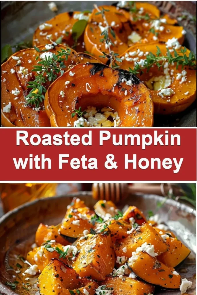 Plate of roasted pumpkin with feta cheese and honey drizzle