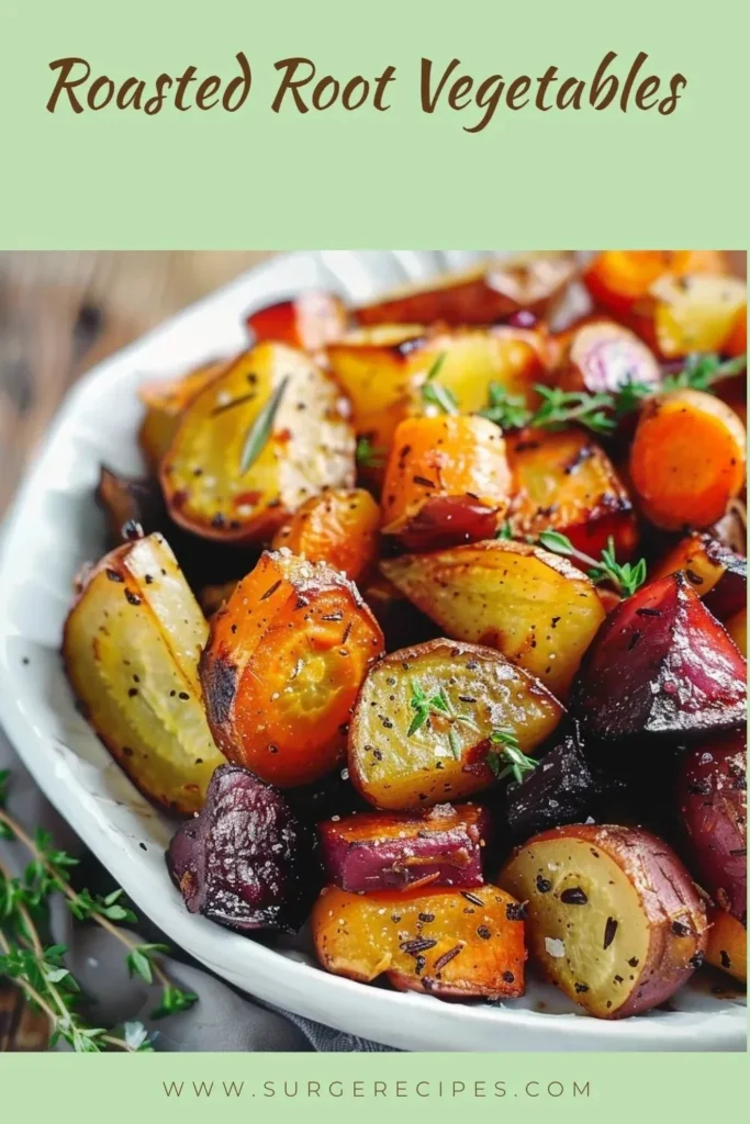Delicious roasted root vegetables like carrots and potatoes on a serving dish.