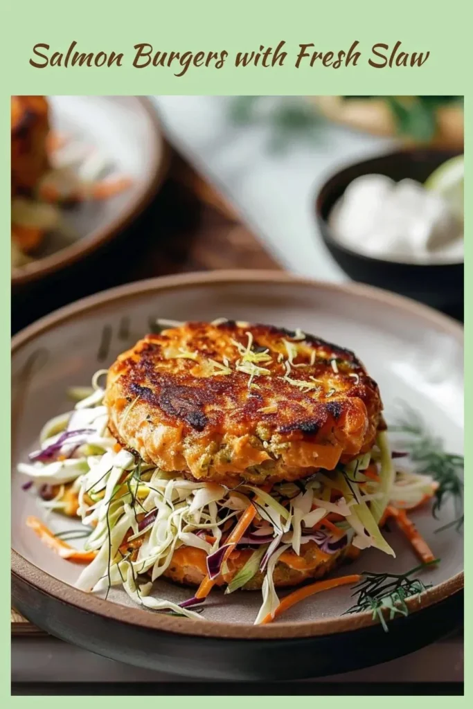 Salmon burgers served with fresh slaw in a bun