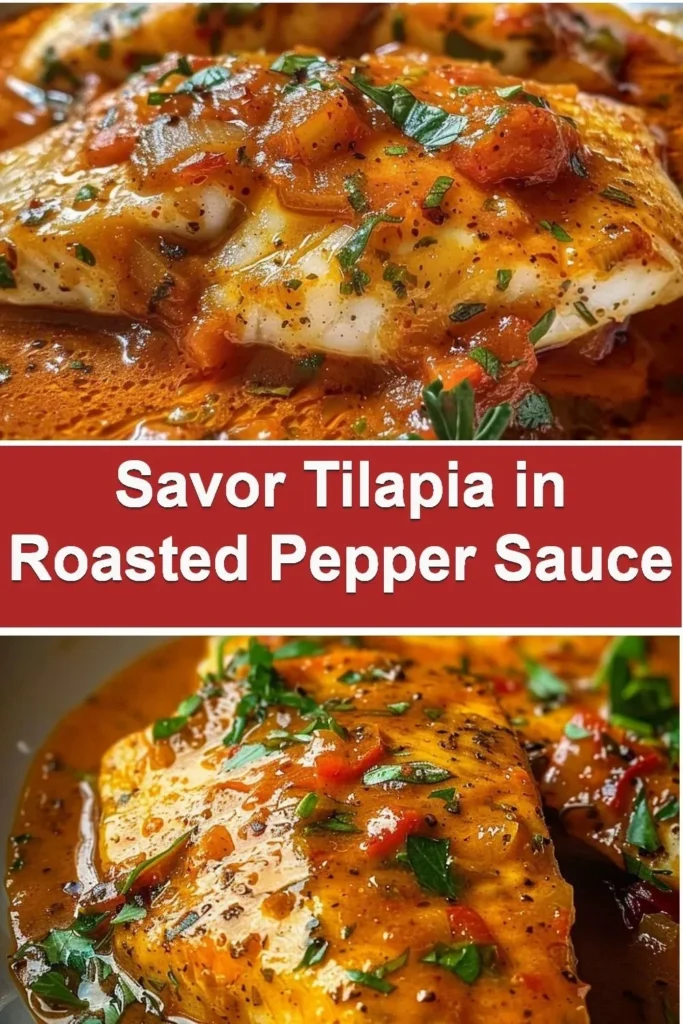 Delicious tilapia fillet served with vibrant roasted pepper sauce