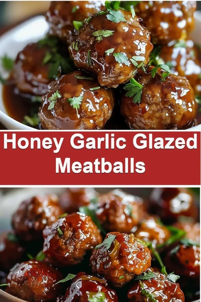 Savory honey garlic meatballs glistening with a sweet, sticky glaze.