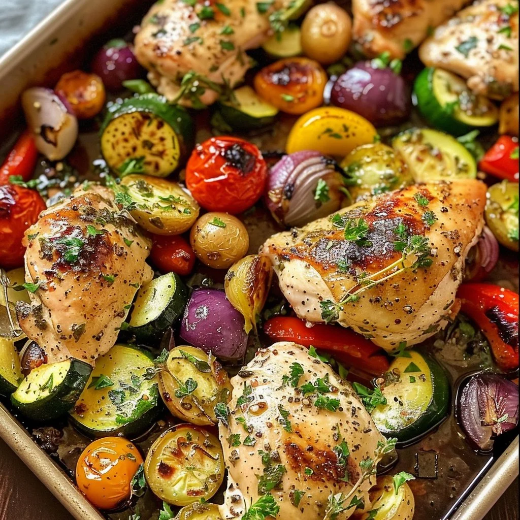 Sheet Pan Greek Chicken with colorful veggies for a healthy meal.