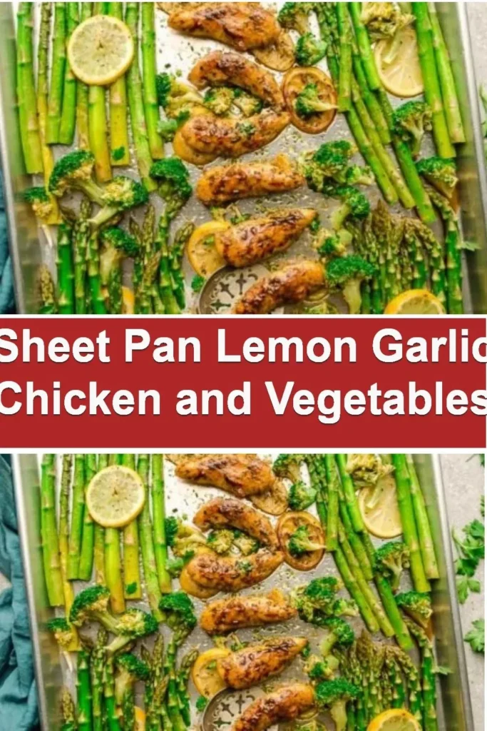 Sheet pan of lemon garlic chicken with colorful roasted vegetables