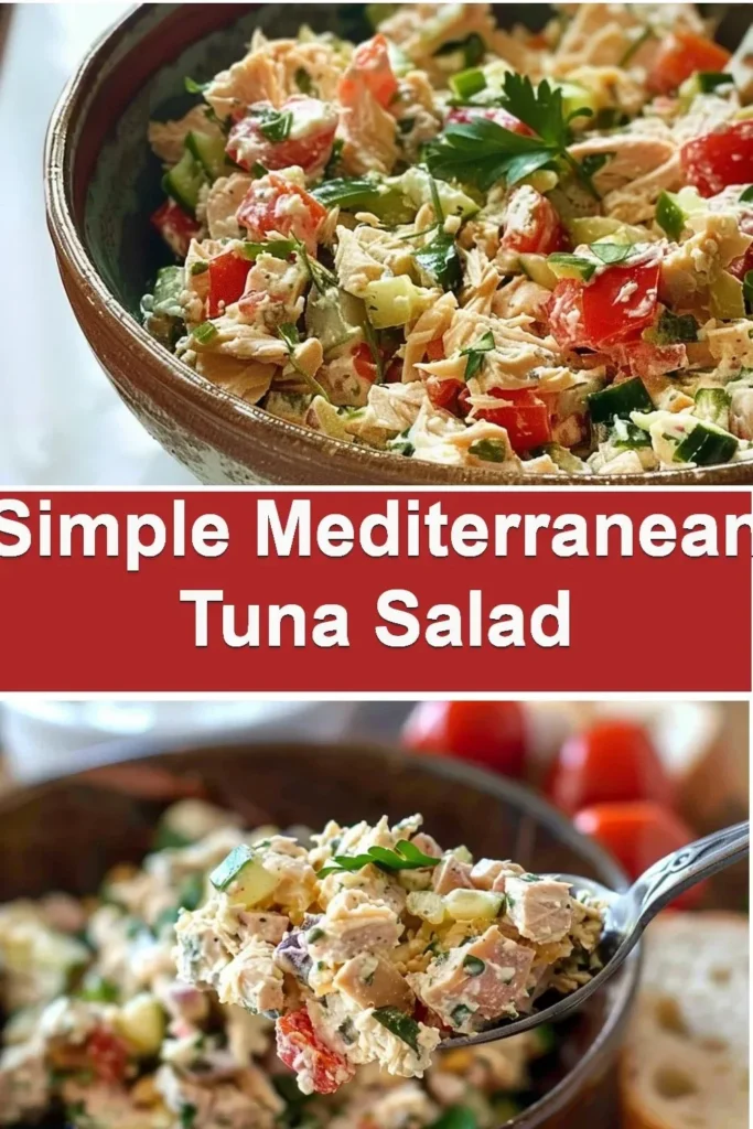 Fresh Mediterranean Tuna Salad with vegetables and olives in a bowl.
