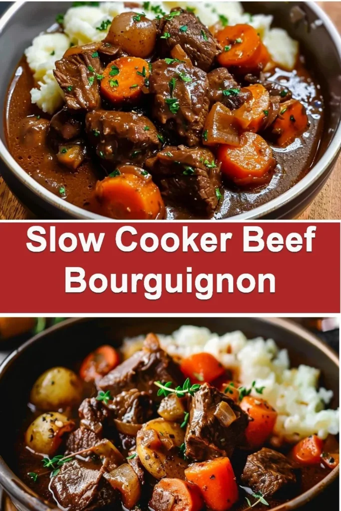 Delicious slow cooker beef bourguignon with tender beef and rich red wine sauce