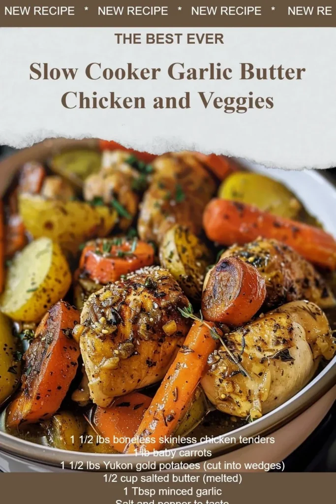 Slow Cooker Garlic Butter Chicken with colorful veggies in a serving dish