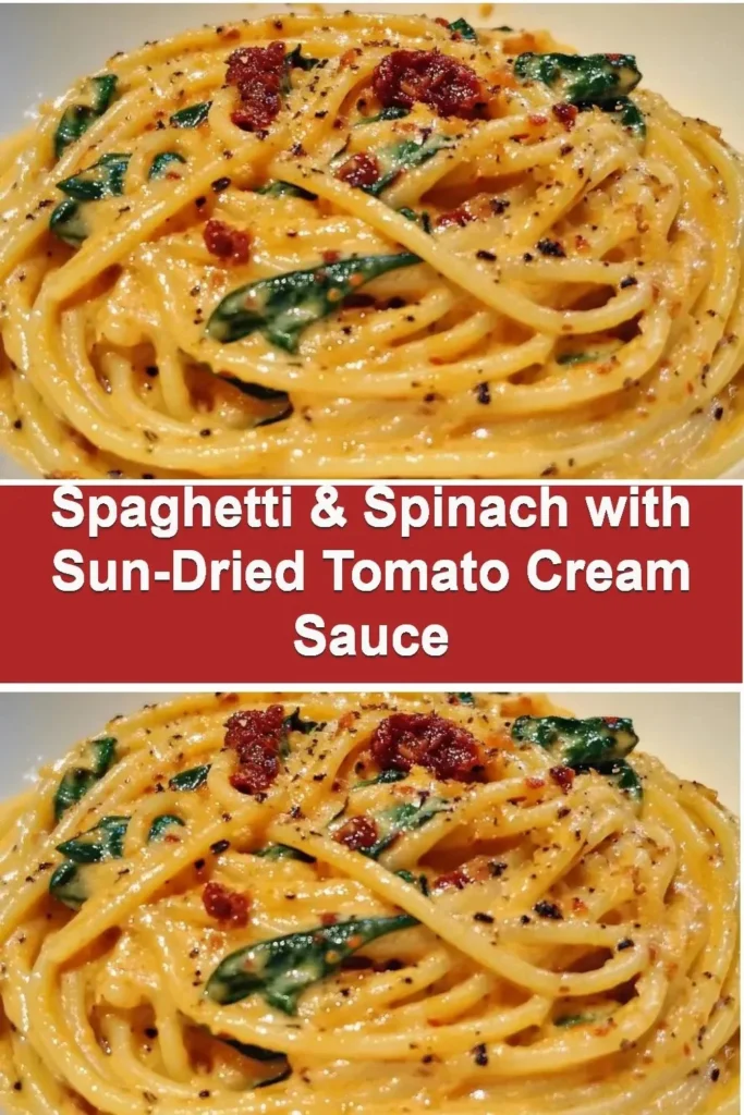 Delicious spaghetti spinach topped with sun-dried tomato cream sauce
