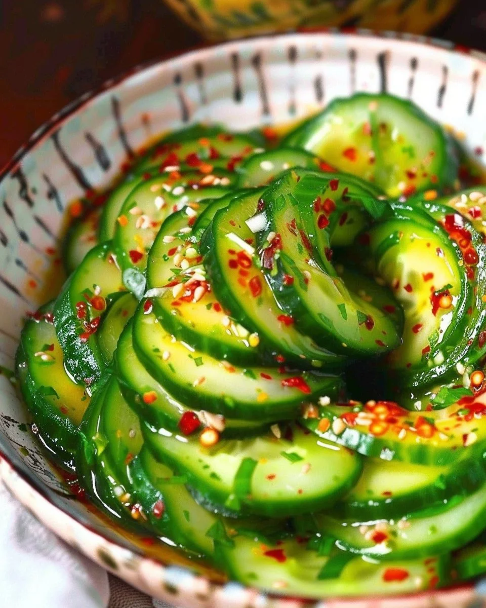 Spicy Asian Spiral Cucumber Salad topped with sesame and chili flakes