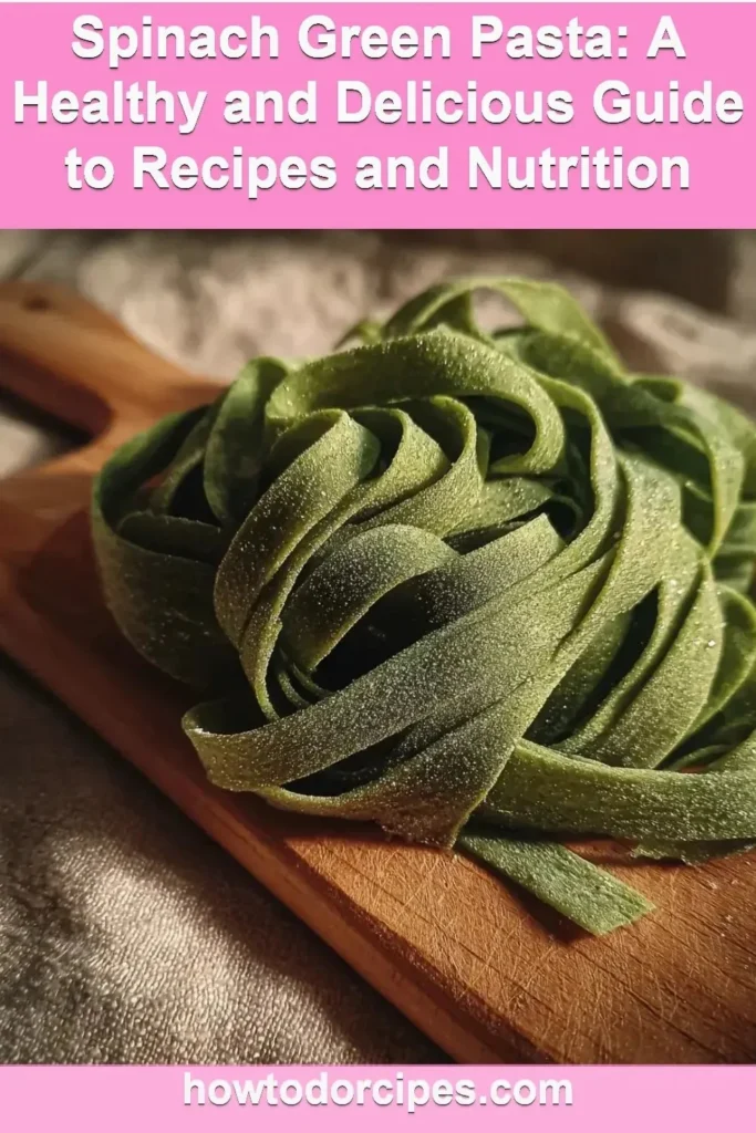 Bowl of vibrant spinach green pasta garnished with fresh herbs