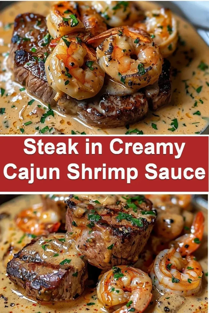 Steak in creamy Cajun shrimp sauce served on a plate