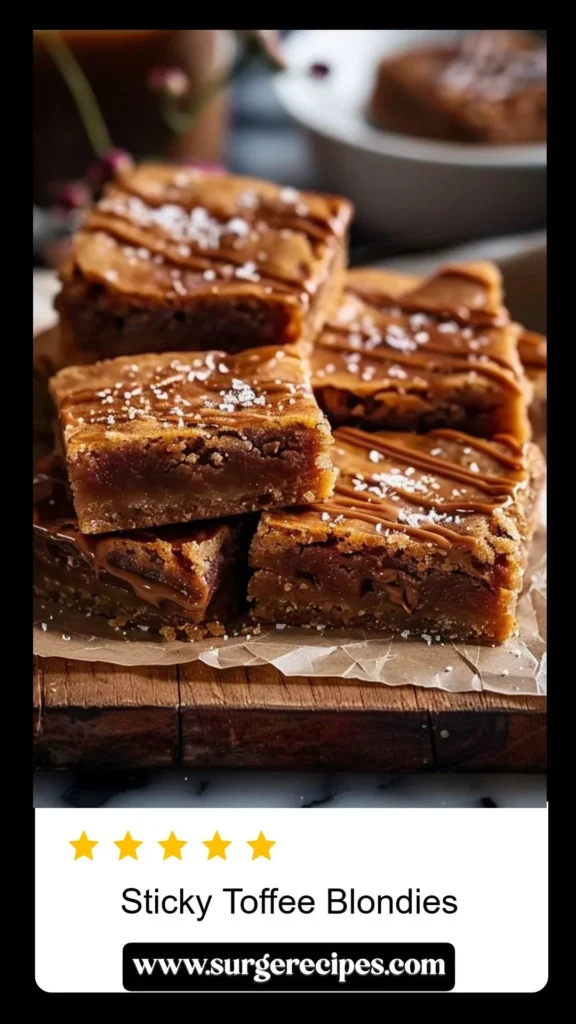 Delicious Sticky Toffee Blondies with caramel drizzles on a plate