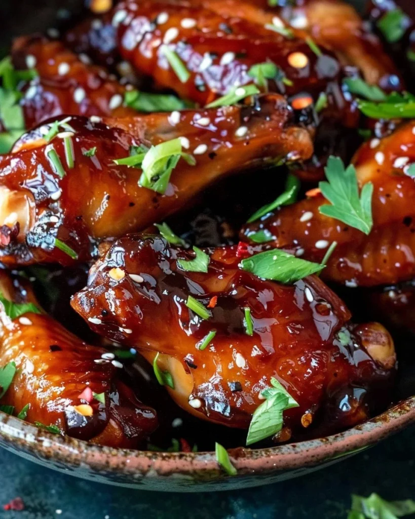 Strawberry balsamic baked wings, golden and glazed, served on a plate