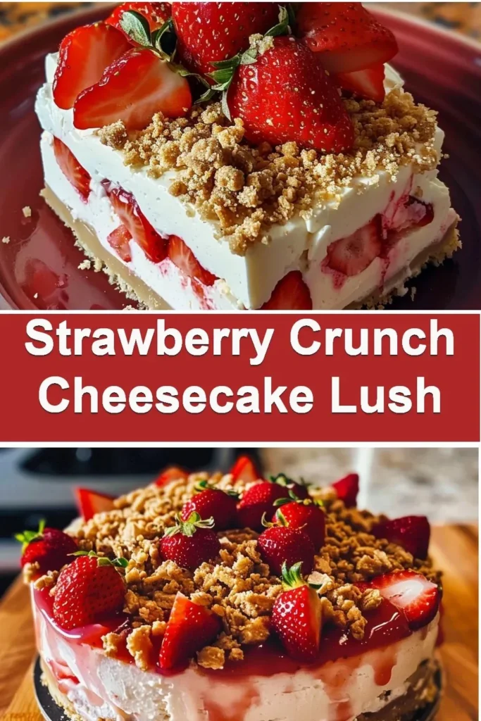 Delicious Strawberry Crunch Cheesecake Lush dessert topped with strawberries and crunchy layers.