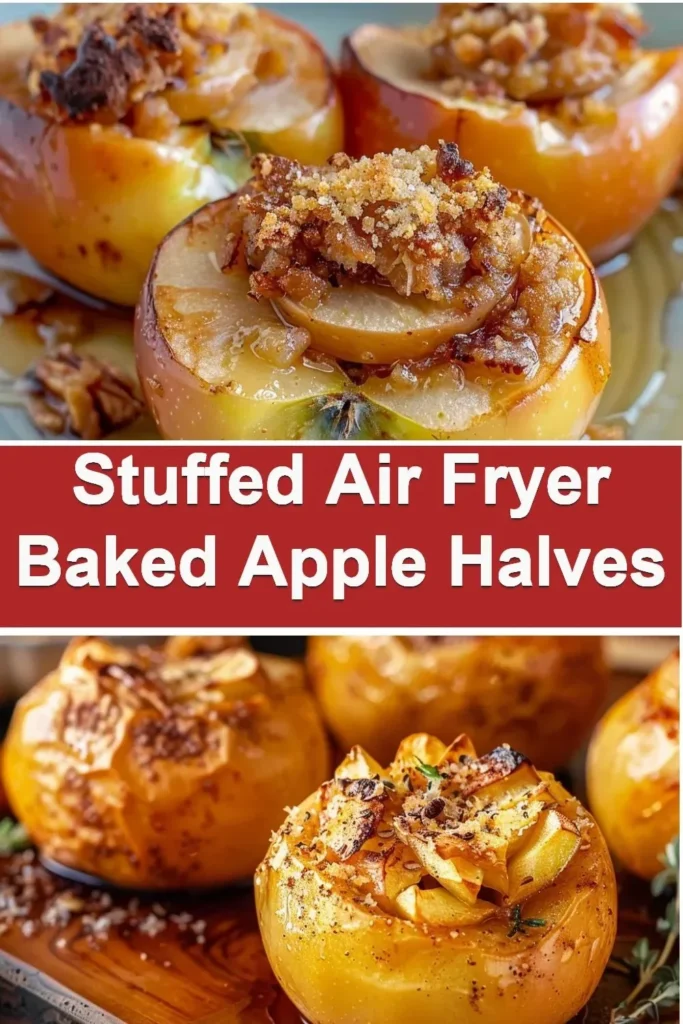Stuffed Air Fryer Baked Apple Halves topped with cinnamon and nuts.