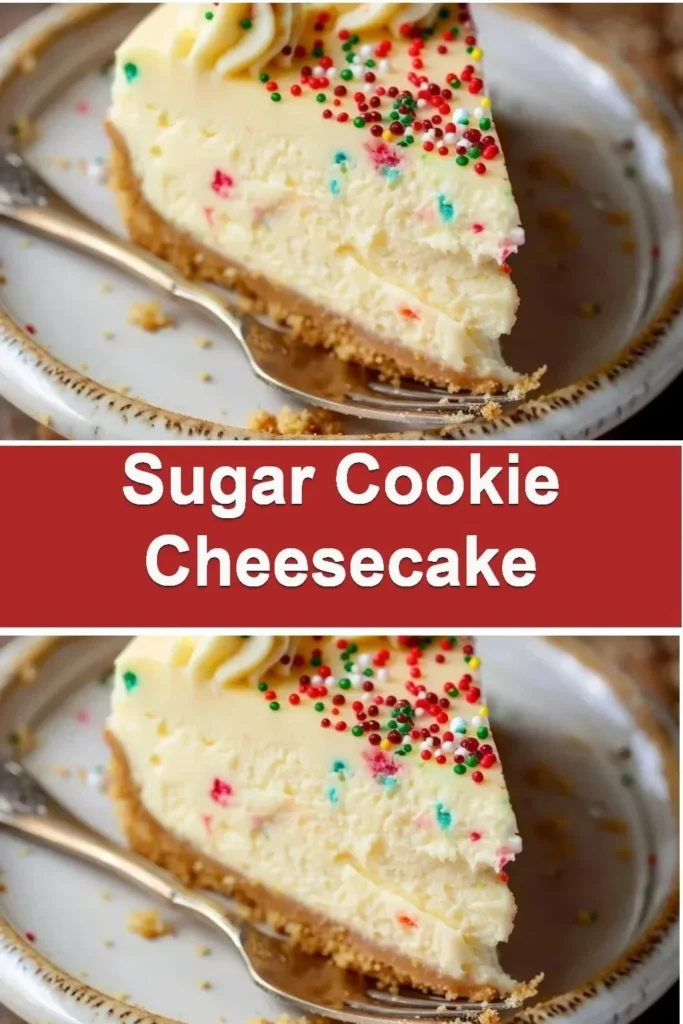 Delicious sugar cookie cheesecake topped with colorful sprinkles and whipped cream