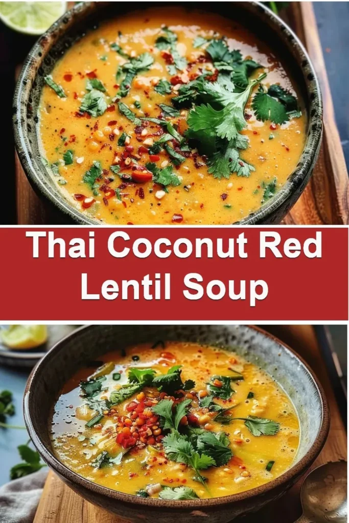 Bowl of Thai Coconut Red Lentil Soup garnished with herbs and spices