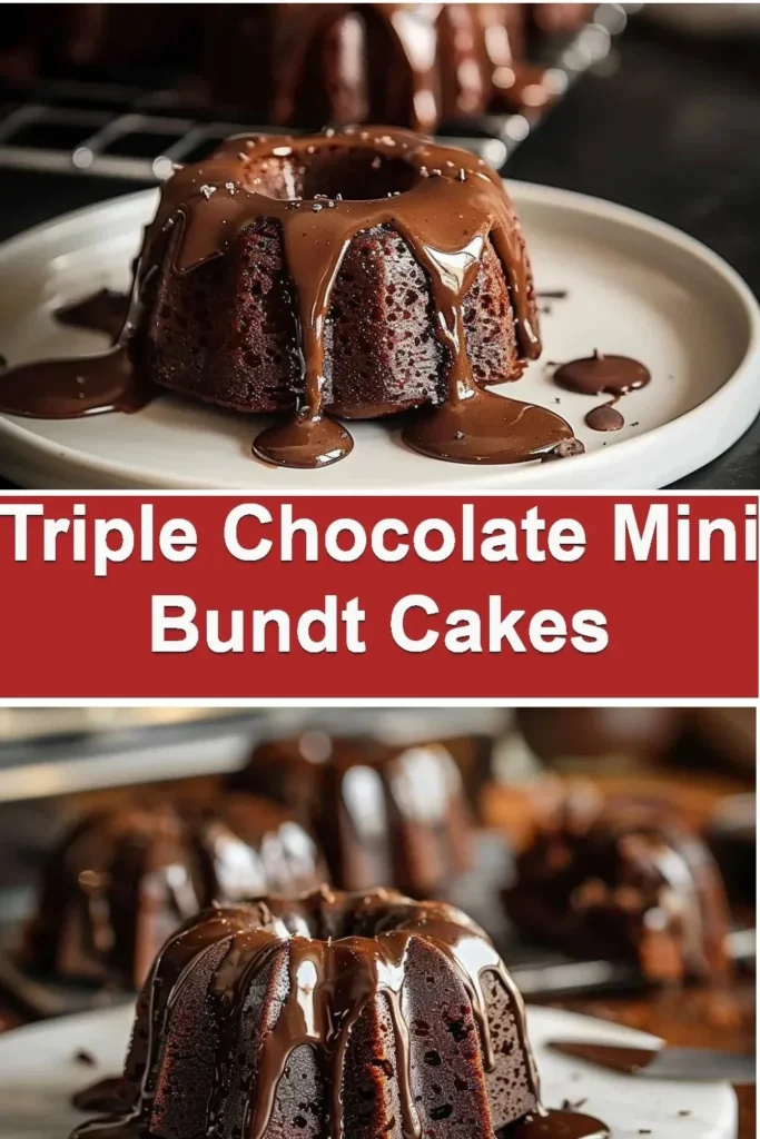 Triple chocolate mini bundt cakes, rich and delicious dessert treats.