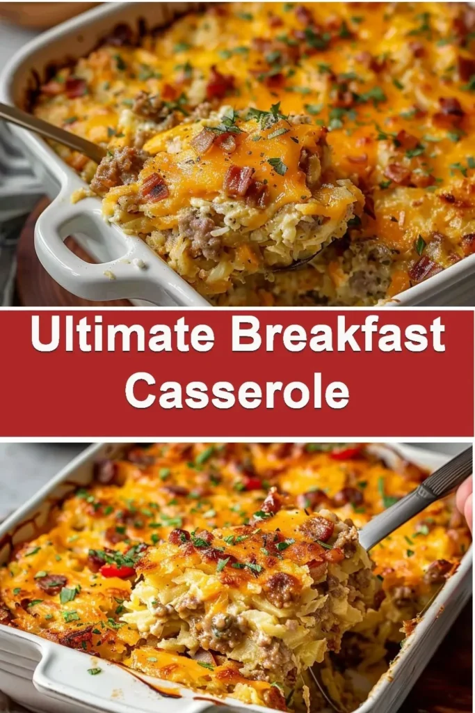 Delicious ultimate breakfast casserole with sausage and crispy hashbrowns