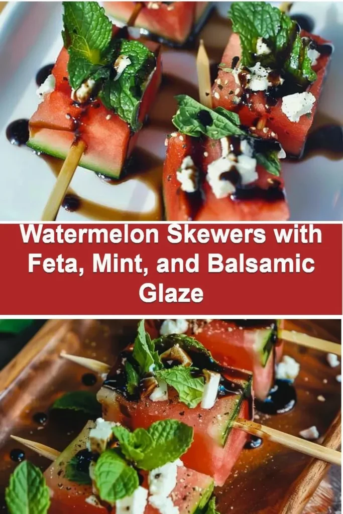 Watermelon skewers with feta, mint, and balsamic glaze on a serving platter.