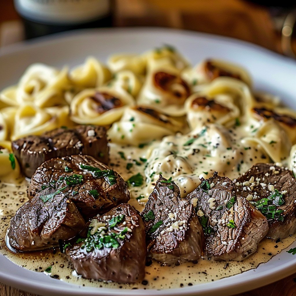 Garlic Butter Steak with Cheesy Alfredo Tortellini