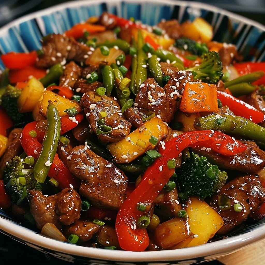 Delicious Blackstone Cowboy Stir Fry with colorful vegetables and tender meats