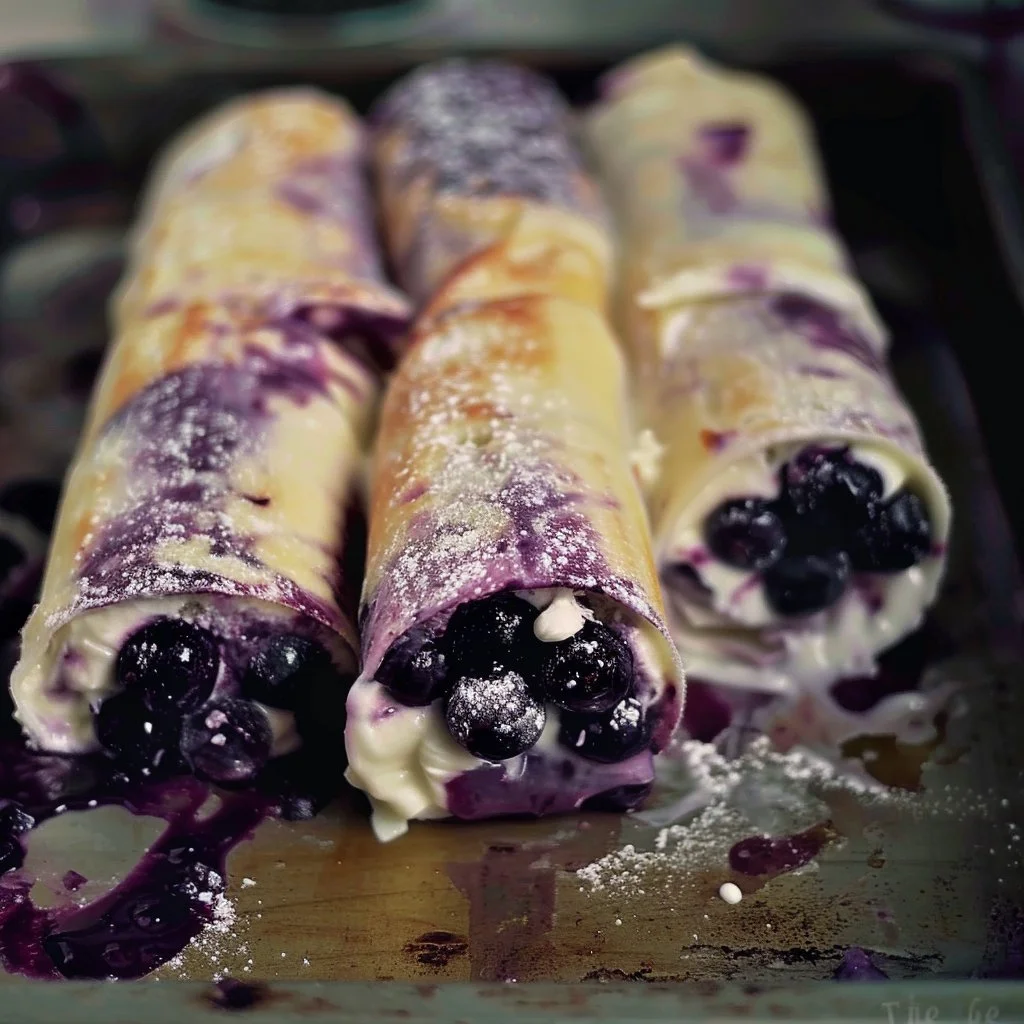 Blueberry cheesecake dessert roll ups on a plate with fresh blueberries