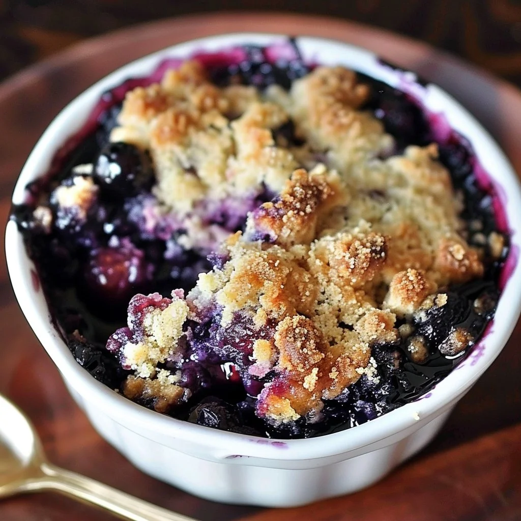 Delicious blueberry crumble dump cake topped with crumble and fresh blueberries